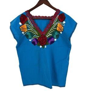 Mexican Embroidered Peasant Top Floral Blue Size M